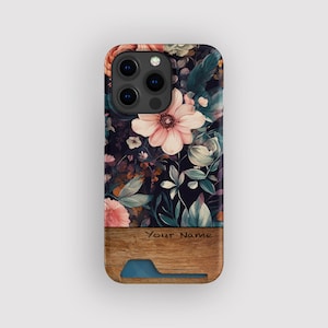 Porte-cartes fleuri rose poudré | Étui de rangement floral pour cartes | Compatible avec iPhone 16, 15 Pro Max, 14, 13 Mini, Samsung Galaxy S22, S21 Plus