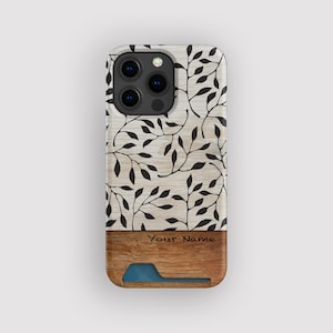 Verloren blad botanische kaarthouder | Smalle hoes met blad | Geschikt voor iPhone 16, 15 Pro Max, 14, 13 Mini, Samsung Galaxy S22, S21 Plus