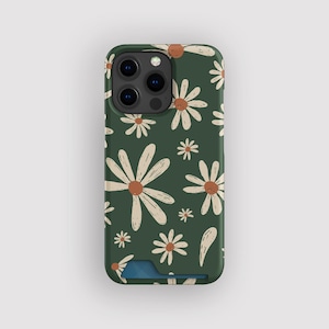 Groene kaarthouder met madeliefje bloemen | Smalle Daisy-hoes | Geschikt voor iPhone 16, 15 Pro Max, 14, 13 Mini, Samsung Galaxy S22, S21 Plus