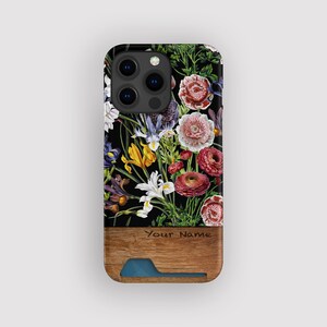 Capa porta-cartões com flores Wild Blooms | Capa fina floral | Compatível com iPhone 16, 15 Pro Max, 14, 13 Mini, Samsung Galaxy S22, S21 Plus