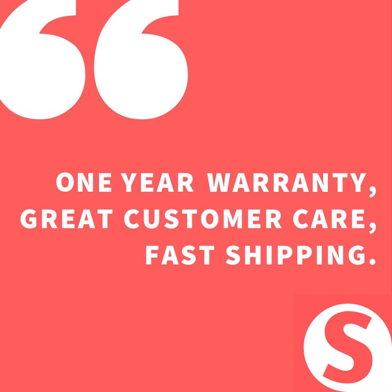 a quote stating "One year warranty, great customer care, fast shipping." The quote is presented in white text against a red background.