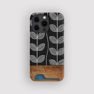 Porte-cartes noir moderne avec dessin au trait | porte-cartes floral | Compatible avec iPhone 16, 15 Pro Max, 14, 13 Mini, Samsung Galaxy S22, S21 Plus