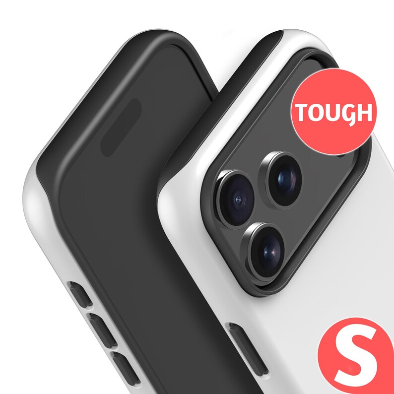 a white and black smartphone with a red "TOUGH" sticker on the back.