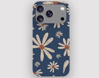 May include: A navy blue phone case with a repeating daisy pattern. The daisies have off-white petals and brown centres. The case has cutouts for the phone's camera and buttons.