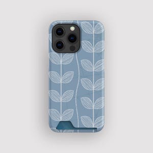 Moderne blauwe botanische kaarthouder | Dunne Line Art-hoes | Geschikt voor iPhone 16, 15 Pro Max, 14, 13 Mini, Samsung Galaxy S22, S21 Plus