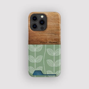 Moderne groene botanische kaarthouder | Sketch-kaarthouder | Geschikt voor iPhone 16, 15 Pro Max, 14, 13 Mini, Samsung Galaxy S22, S21 Plus