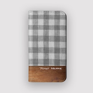 Funda tipo cartera con cuadros vichy en color carbón / Funda tipo libro de piel vegana a cuadros / Compatible con iPhone 16, 15, 14 y 13, y Samsung Galaxy S25, S24, S23 y S22