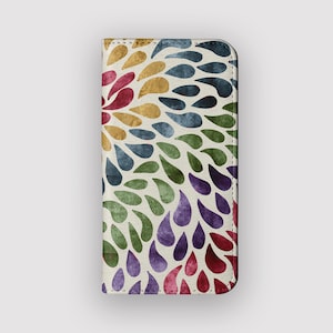 Funda tipo cartera Rainbow Rain Petal / Funda tipo libro de piel vegana con diseño de gotas de tinta / Compatible con iPhone 16, 15, 14 y 13, y Samsung Galaxy S25, S24, S23 y S22