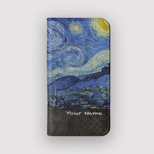 May include: A black leather phone case featuring a print of Vincent van Gogh's "Starry Night" painting. The case has a black leather flap with the text "Your Name" written in white.