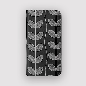 Estuche tipo cartera con diseño de líneas negras modernas / Estuche tipo folio con tarjetero floral / Compatible con iPhone 16, 15, 14, 13 y Samsung Galaxy S25, S24, S23 y S22