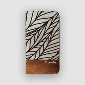 Funda billetera con diseño abstracto de hojas de retoño / Funda tipo libro de piel vegana botánica / Compatible con iPhone 16, 15, 14 y 13, y Samsung Galaxy S25, S24, S23 y S22