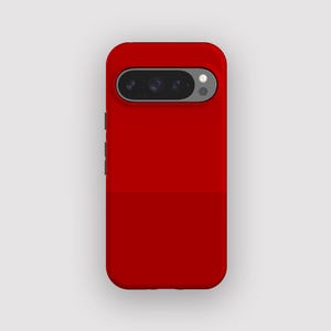 May include: A vibrant red phone case featuring a camera aperture and side buttons. The case is designed for a smartphone, offering protection. The case has a smooth, solid colour finish.
