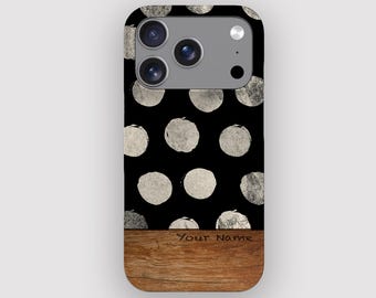 Funda con diseño abstracto oscuro y lunares para iPhone 17, 16 y 15. Opción MagSafe.