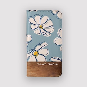 Funda billetera vintage Daisy Delight / Funda tipo libro de piel vegana con diseño floral / Compatible con iPhone 16, 15, 14 y 13, y Samsung Galaxy S25, S24, S23 y S22