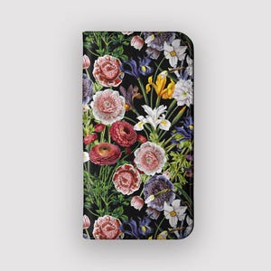Custodia a portafoglio con motivo floreale Wild Blooms / Custodia a libro in pelle vegana floreale / Adatta per iPhone 16, 15, 14, 13, Samsung Galaxy S25, S24, S23, S22