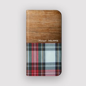 Funda tipo cartera con tartán rojo a cuadros / Funda tipo libro de piel vegana a cuadros / Compatible con iPhone 16, 15, 14 y 13, y Samsung Galaxy S25, S24, S23 y S22