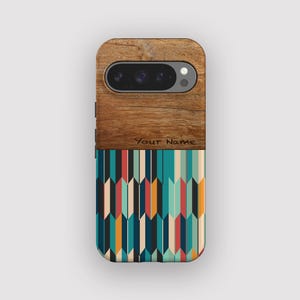 May include: A phone case featuring a wooden top and a vibrant geometric design on the lower half. The top section has a wood grain texture and the words "Your Name" are printed on the case.