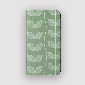 Modern Green Botanical Wallet Case | Sketch Protective Folio Case | Fits iPhone 16, 15, 14, 13, Samsung Galaxy S25, S24, S23, S22