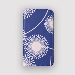Funda tipo cartera retro Navy Dandy / Funda tipo libro de piel vegana con diseño de diente de león / Compatible con iPhone 16, 15, 14 y 13, y Samsung Galaxy S25, S24, S23 y S22
