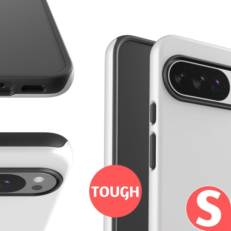 a smartphone with a black and white color scheme, including a camera and a textured case.