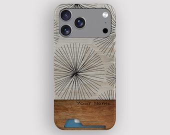May include: A wooden phone case with a geometric black design on a light wood grain background. The bottom section is a darker wood with a card slot and the text "Your Name".