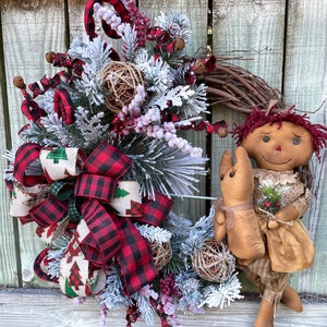 Primitive Christmas Wreath For Door,Farmhouse Home Decor, Grapevine Wreath Housewarming Gift,Primitive Doll,Gift Idea,Farmhouse Porch Wreath