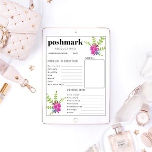 May include: A digital Poshmark product information sheet on a tablet. The sheet includes fields for product description, pricing, and notes. Floral accents in purple and green decorate the edges. A white handbag and accessories surround the tablet.