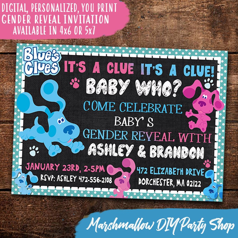 Blue's Clues Gender Reveal Invitation, Digital-Personalized-Print…