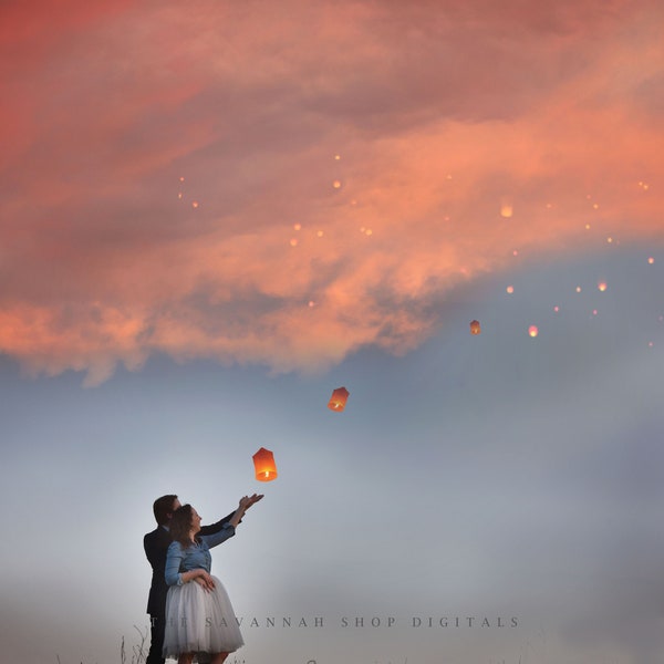 Digital Background,  Photo Overlays, Background Replacement, Photography, Paper Lanterns, Floating Lanterns, Sky, Sunset, Engagement