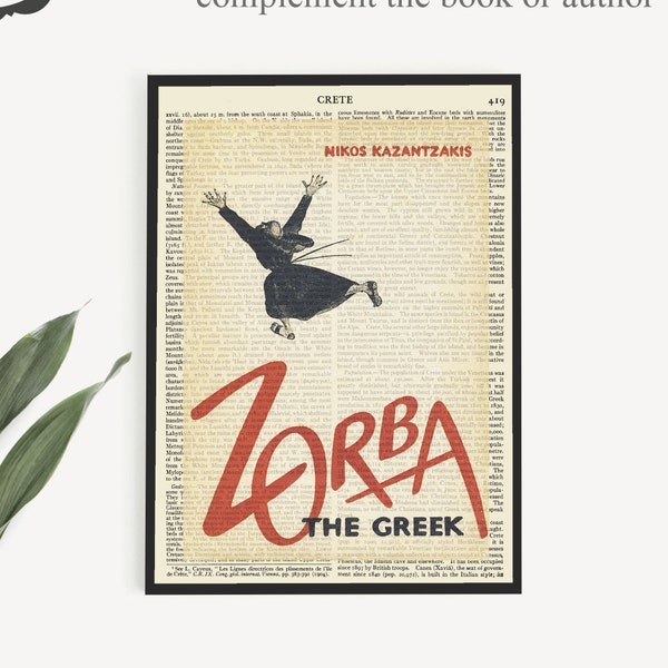 Printable 'Zorba The Greek' Book Cover Print on Vintage Page, Greece Book Gifts, Living Room Decor, Home Office Wall Art, Crete Poster