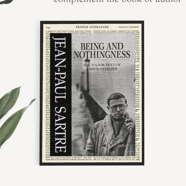 Couverture de livre imprimable 'Être et néant' par Jean Paul Sartre, art de la littérature française existentialiste, décor d'appartement de collège littéraire