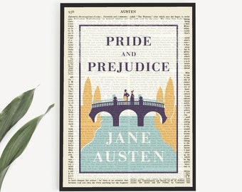 May include: Printable book art featuring a vintage book page with a graphic design of a bridge and the text "Pride and Prejudice" by Jane Austen.