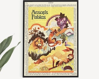 Puede incluir: Una ilustración vintage de las fábulas de Esopo con un león, un zorro y un arcoíris. El texto "Aesop's Fables" está impreso en una pancarta amarilla.