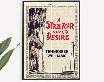 May include: Printable vintage book page art featuring a black and white illustration of a building with a spiral staircase. The text "A Streetcar Named Desire" is in red and white, with the author "Tennessee Williams" in black below. The page is from a vintage book with text surrounding the illustration.