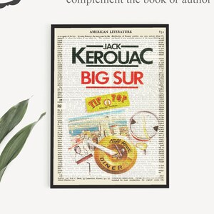 May include: A digital print featuring a vintage book page background with the text AMERICAN LITERATURE, JACK KEROUAC, and BIG SUR. Overlaid graphics include a yellow Tip Top rolling paper label, a circular Cliff House Diner logo, and a magnifying glass.