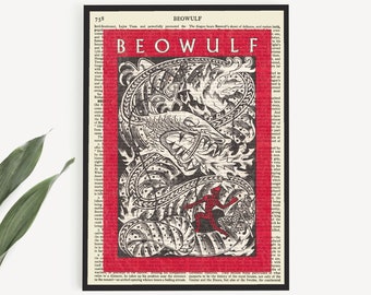 Utskrivbart bokomslag till 'Beowulf' på vintagesida, utskrivbara presentidéer, klassisk engelsk litteratur, poesipresent, present till julklapp