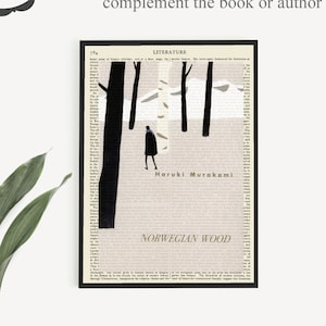 Printable &#39;Norwegian Wood&#39; Book Cover Art, Haruki Murakami Literary Print on Chapter One Text, Japanese Literature Gift Idea, Bookcase Decor