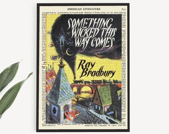 Printable 'Something Wicked Comes This Way' Book Cover Art Print by Ray Bradbury on Old Page, Home Study Decor, Printable Wall Art Gift Idea