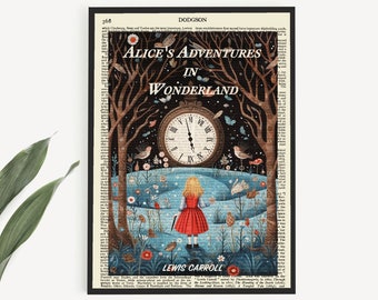 Printable Book Art, Alice's Adventures In Wonderland Book Cover Print on Vintage Page, Classroom Decor, Lewis Carroll Poster, Teacher Gifts