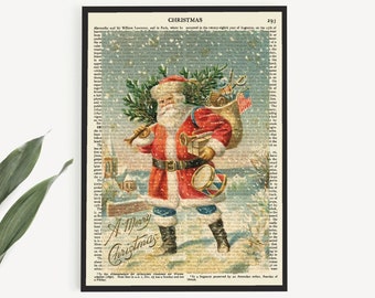 May include: Vintage printable book art featuring a Santa Claus illustration with a red suit, white beard, and a bag of gifts. The image is set against a snowy background with a Christmas tree and the text "A Merry Christmas".