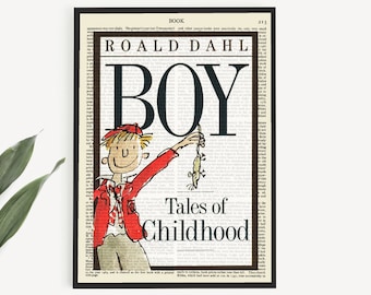 May include: Printable book art featuring a vintage book cover with a black and white illustration of a boy holding a fish. The title of the book is "Boy: Tales of Childhood" by Roald Dahl.