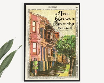 May include: A printable book art image featuring a vintage book page with an illustration of a street scene and the title "A Tree Grows in Brooklyn" by Betty Smith. The text "Brooklyn" is in a large, decorative font.