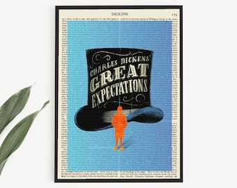 Große Erwartungen an einen druckbaren Buchumschlag von Charles Dickens auf einer gescannten Vintage-Enzyklopädie-Seite für 'Dickens', literarischer Posterdruck