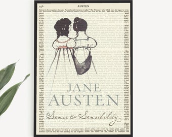 Printable Sense and Sensibility Print by Jane Austen Book Cover Art On Vintage Austen Encyclopedia Page,  Last Minute Gift For Co Worker
