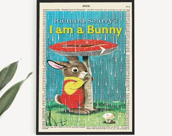 Impresión de portada de libro "Soy un conejito" imprimible en página antigua, póster de Richard Scarry, impresiones de arte de pared para habitación de niñas, regalos para baby shower