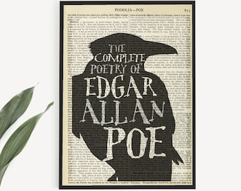 May include: Printable book art featuring a black silhouette of a raven with the text "The Complete Poetry of Edgar Allan Poe" on a vintage book page background.
