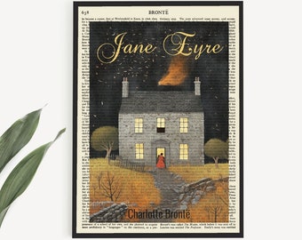 Printable Jane Eyre Book Cover Poster Print On Old Page, Instant Download, Jane Eyre Gift, Bronte Poster Prints, English Literature Wall Art
