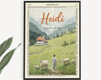 Printable 'Heidi' Book Cover Art Print on Antique Page, Johanna Spyri Nursery Poster Print, Kids Room Wall Art, Printable Gifts