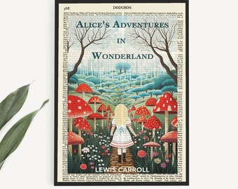 Printable Art, Alice&#39;s Adventures In Wonderland Book Cover Print on Vintage Page, Library Study Decor, Classroom Wall Art, Student Gift Idea