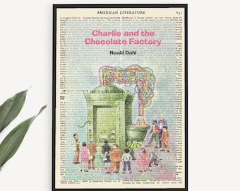 May include: Printable book art featuring a vintage book page with an illustration of Charlie and the Chocolate Factory by Roald Dahl. The illustration is in color and depicts the chocolate factory with a colorful candy river.